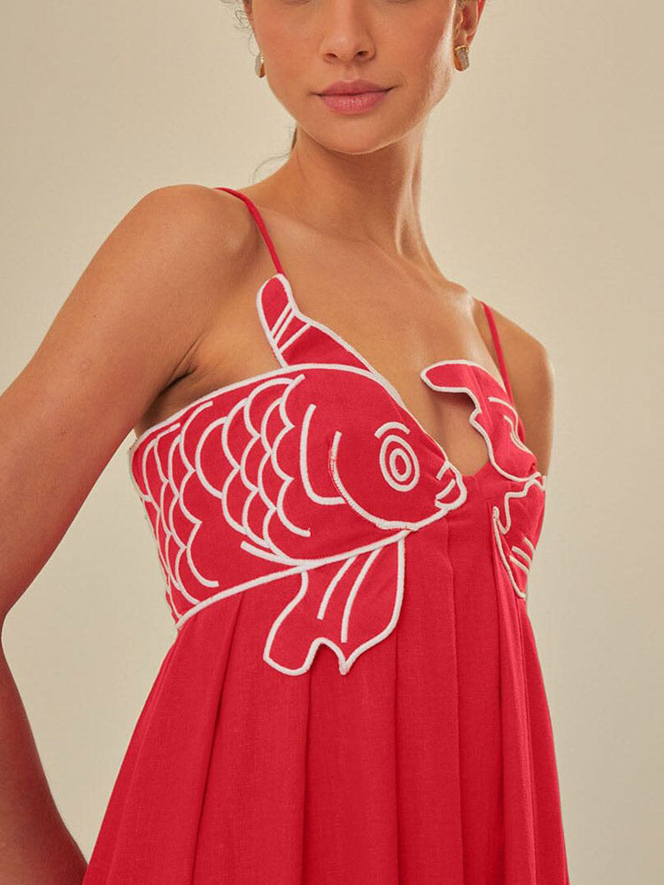 Audrie - Red Fish Embroidered Maxi Dress